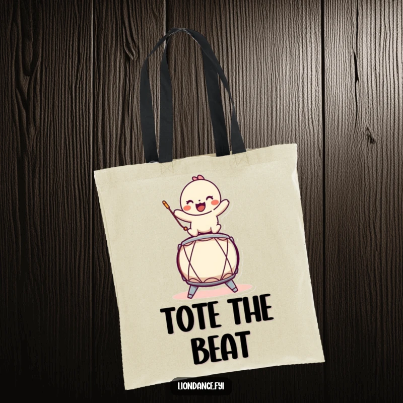 Funny tote bag with a playful character balancing on a stylized drum, perfect for carrying items with musical humor.